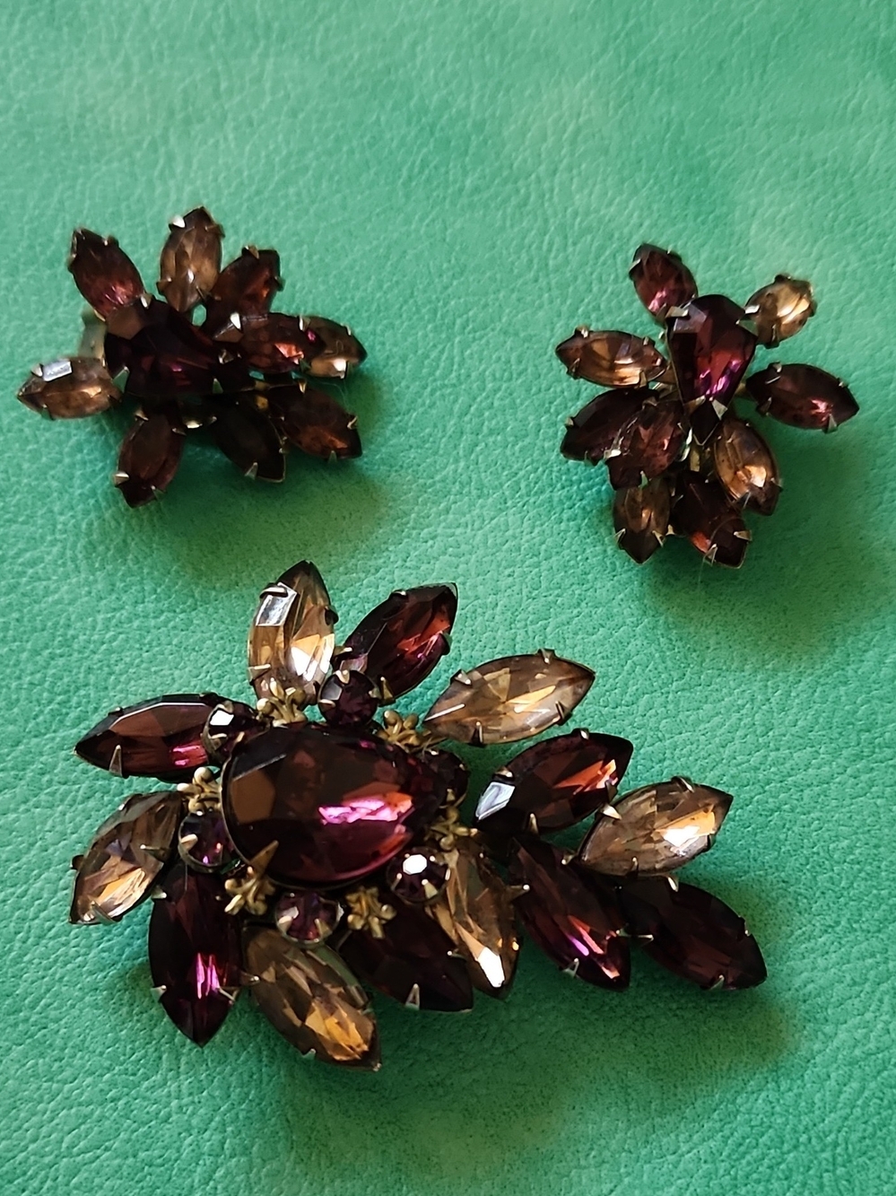 Elegant Vintage Amethyst and Smoky Crystal Floral Brooch and Earring Set